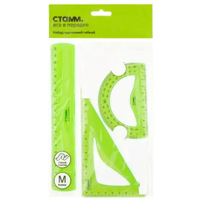 Набор чертежный СТАММ, размер M (линейка 20см, треугольник, транспортир), гибкий, прозрачный, зеленый, европодвес 351444
