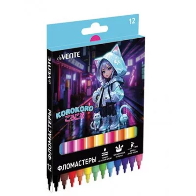 Фломастеры 12цв "Korokoro" смываемые вент колп карт упак  DEVENTE 5081530 232426