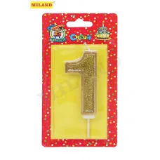 Свеча для торта Золотой глиттер с окантовкой Цифра 1 С-5975