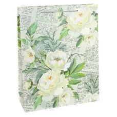 Dream cards Пакет подарочный с мат.лам. и глиттером 31х42х12см (XL) Газета белыми цветами, 210 г ПКП-2612