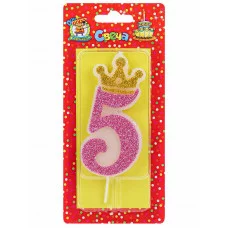 Свеча для торта Царская, розовая с глиттером Цифра 5 С-8352