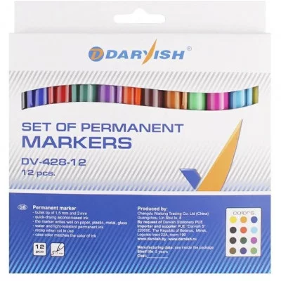 Набор маркеров перманентных 12шт/уп "Darvish" (1,5 мм) DV-428-12