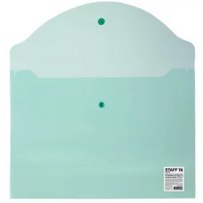 Папка-конверт с кнопкой STAFF, А4, до 100 листов, прозрачная, зеленая, 0,12 мм, 225171