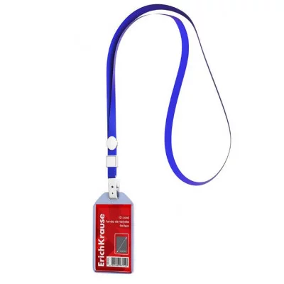 Бейдж вертикальный в комплекте с лентой ErichKrause размер вставки 54х85 мм, прозрачный, цвет ленты синий 63722