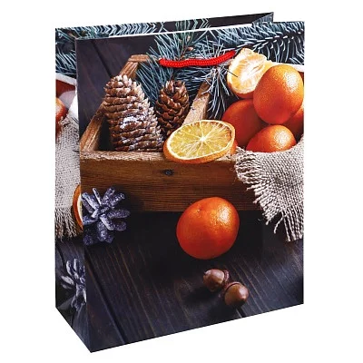 Optima Пакет подарочный с глянцевой ламинацией 18х23х8 см (M) Мандарины и шишки, 128 г ПКП-5663