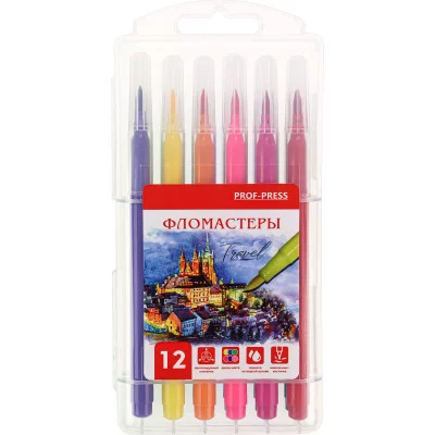 Фломастеры с кисточкой с вентилир. колпачком 12 шт. TRAVEL (ФЛ-8514), жёсткий кейс, ФЛ-8514