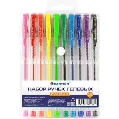 Набор ручек гел. 10цв. "Darvish" флюор. корпус прозрачный  упаковка на кнопке DV-118-10