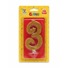 Свеча для торта Золотой глиттер (малая) Цифра 3 С-1821