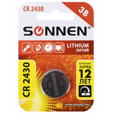Батарейка литиевая SONNEN Lithium CR2430 "таблетка, дисковая, кнопочная" 1 шт., блистер, 455600