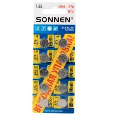 Батарейки алкалиновые "таблетка" КОМПЛЕКТ 10 шт., SONNEN Alkaline 76A (G13, LR44), в блистере, 457137