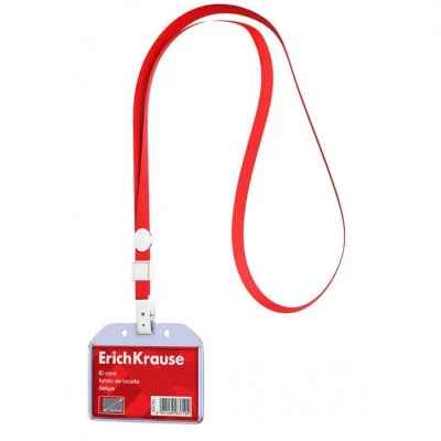 Бейдж горизонтальный в комплекте с лентой ErichKrause размер вставки 85х54 мм, прозрачный, цвет ленты красный 63718
