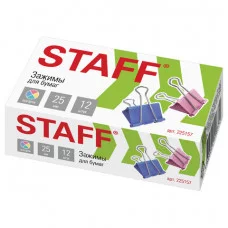 Зажимы для бумаг STAFF, КОМПЛЕКТ 12 шт., 25 мм, на 100 листов, цветные, картонная коробка, 225157
