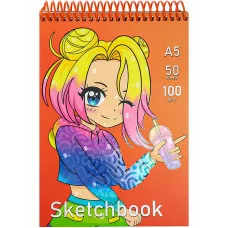 Скетчбук А5 Девочка и стакан (мат лам+выб лак, жест подл, на спирали, 50л, 100г) (айвори) С50-4215