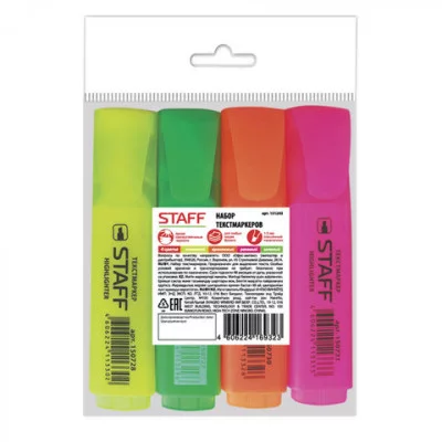 Набор текстовыделителей STAFF 4 шт., АССОРТИ, линия 1-5 мм, 151243