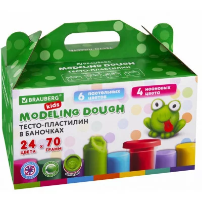 Пластилин-тесто для лепки BRAUBERG KIDS, 24 цвета, 1680 г, крышки-штампики, сундучок, 106722