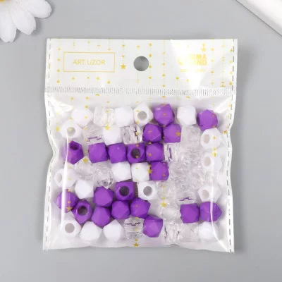 Бусины пластик "Кристалл многогранник. Фиолет, белый, прозрачный" набор 30 гр 1х1х1 см   9468739