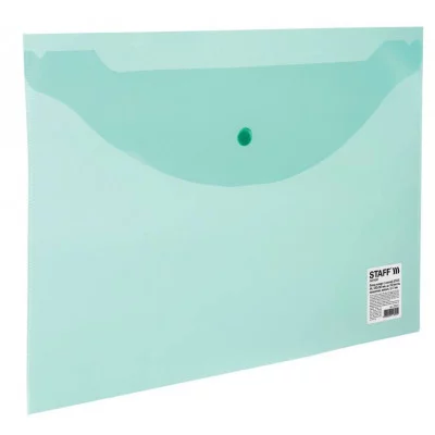 Папка-конверт с кнопкой STAFF, А4, до 100 листов, прозрачная, зеленая, 0,12 мм, 225171