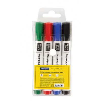 Набор маркеров для белых досок OfficeSpace 04цв., пулевидный, 3мм, чехол с европодвесом 324656