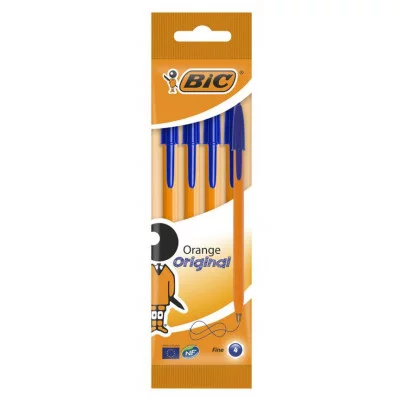 Ручки шариковые BIC "Orange Original", НАБОР 4 шт., СИНИЕ, узел 0,8 мм, линия письма 0,3 мм, пакет, 8308521