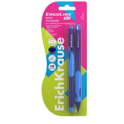 Набор из ручки шариковой Neon 0.5, Super Glide Technology, цвет чернил синий и карандаша мех 2.0, HB ErichKrause ErgoLine® Kids 63120