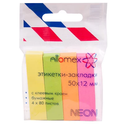 Закладки клейкие бумага 12*50 4цв*80л неон е/п ATTOMEX 2011701 581314