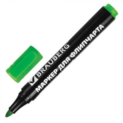 Маркер для флипчарта BRAUBERG, НЕПРОПИТЫВАЮЩИЙ, круглый наконечник 2,5мм, зеленый, 151256