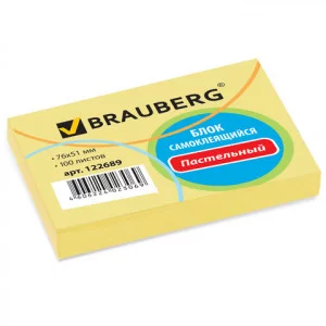 Блок самоклеящийся стикеры BRAUBERG, ПАСТЕЛЬНЫЙ, 76х51 мм, 100 листов, желтый, 122689