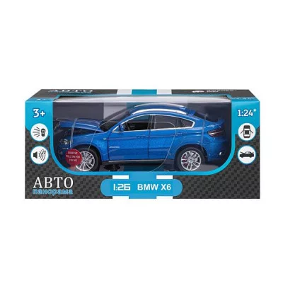 ТМ "Автопанорама" Машинка металлическая 1:26 BMW X6, синий, откр. двери, капот и багажник, свет, звук, свободный ход колес, в/к 24,5*12,5*10,5 см JB1200121