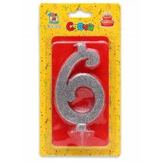 Свеча для торта Серебряный глиттер (большая) Цифра 6 С-1888