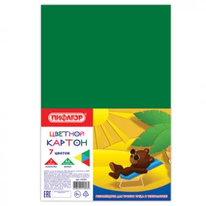 Картон цветной А4 немелованный, 7 листов 7 цветов, в пакете, ПИФАГОР, 200х283 мм, 127051