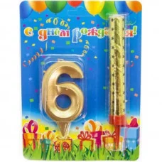 Набор, Фонтан и Свеча Цифра, 6 Грани, Золото, 10 см, 1 шт. 1776