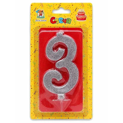 Свеча для торта Серебряный глиттер (большая) Цифра 3 С-1885