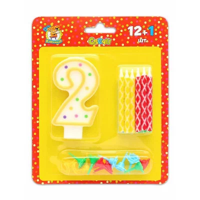 Свечи с цветным узором с подставками. 12 шт. + свеча-цифра "2"  С-0424