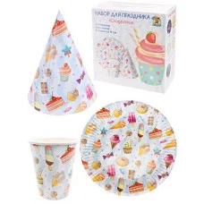 Набор для праздника Сладости (тарелка 6шт, стаканы 6 шт, колпаки шт) ФЛ-6205