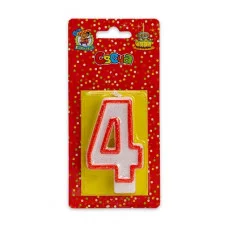 Свеча для торта с красной окантовкой блестками Цифра 4 С-2409