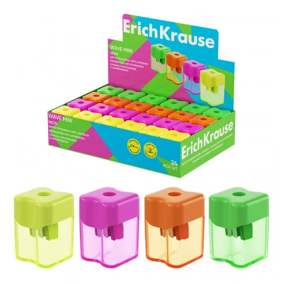 Точилка пластиковая ErichKrause Wave Mini, Neon, с контейнером, ассорти 60058
