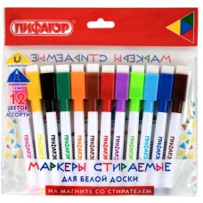 Маркеры стираемые 2 мм на магните со стирателем для белой доски и планера НАБОР 12 ЦВЕТОВ, ПИФАГОР, 152564