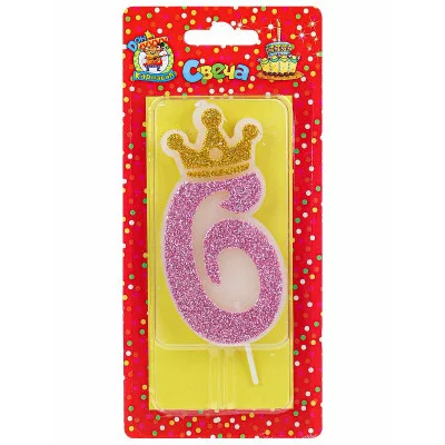 Свеча для торта Царская, розовая с глиттером Цифра 6 С-8353