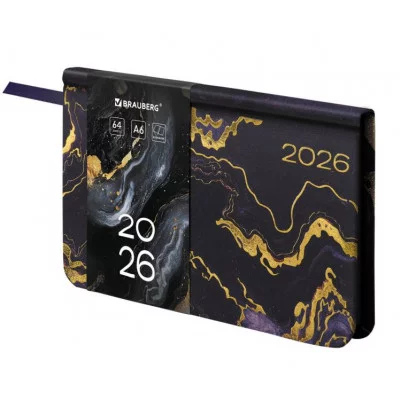 Еженедельник датированный 2026 МАЛЫЙ ФОРМАТ 95х155 мм, А6, BRAUBERG "Vista", под кожу "Black marble", 117203
