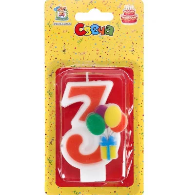 Свеча для торта Весёлый праздник красная Цифра 3 С-5917