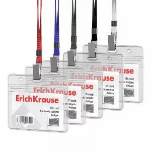 Бейдж горизонтальный в комплекте с лентой ErichKrause размер вставки 95х58 мм, прозрачный, цвет ленты ассорти, 62071