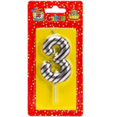 Свеча для торта в полоску, Цифра 3, серебряная С-2522