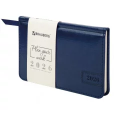 Еженедельник датированный 2026, МАЛЫЙ ФОРМАТ 95х155 мм, А6, BRAUBERG "Imperial", под кожу, синий, 117187