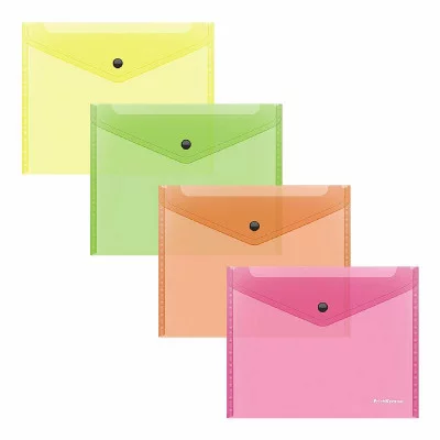 Папка-конверт на кнопке пластиковая ErichKrause Glossy Neon, A5+, полупрозрачный, ассорти 1шт 50305