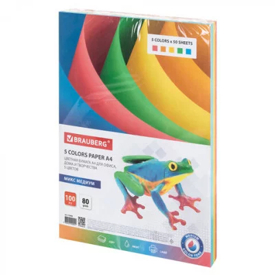 Бумага цветная BRAUBERG, А4, 80 г/м2, 100 л. 5 цветов х 20 медиум, для офисной техники, 112462