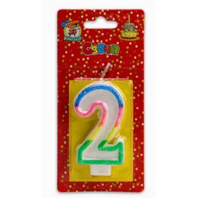Свеча для торта с разноцветной окантовкой с блестками Цифра 2 С-2417