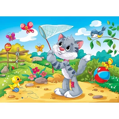 Алмаз. мозаика (класс) 17х22 см, с подр., с полн. заполн. (24цв.) КОТИК И БАБОЧКИ. Арт. AC17019