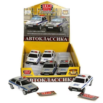 Машина металл LADA-2108 МИЛИЦИЯ 12 см, двер, баг, инерц, ассорт, дисп. Технопарк  LADA2108-12DB6-POL