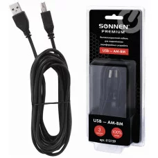Кабель USB 2.0 AM-BM, 3 м, SONNEN Premium, медь, для подключения принтеров, сканеров, МФУ, плоттеров, экранированный, черный, 513129