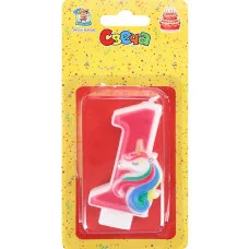 Свеча для торта Милый единорог розовая Цифра 1 С-5935